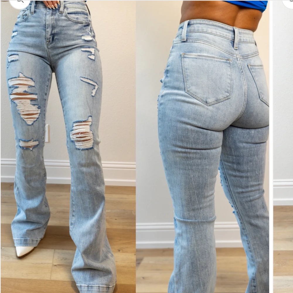 High-Rise Light Blue Distressed Flare Jeans